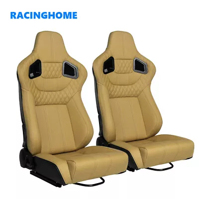 1 Pair Universal Reclinable Racing Seats & Dual Sliders Beige PVC  Leather • $339.99