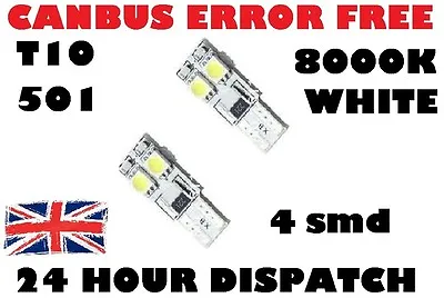 2 X 8000k WHITE CANBUS NO ERROR FREE W5W T10 501 LED SIDE LIGHT BULB 4 SMD • £6