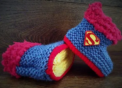 Baby Boy Hand Knitted Crochet Booties Boots Slippers Superman Super Hero 0-12M • £21.97