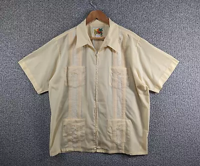 HABAND Guayabera Vintage Men's Yellow Mexican Cuban Embroidered Zip Up Shirt  XL • £47.50
