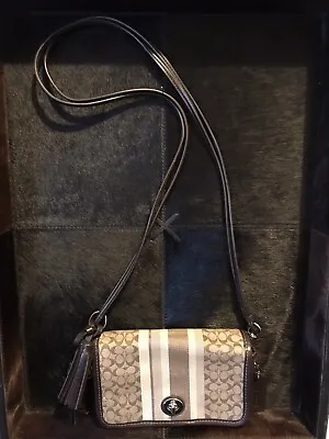 Authentic Coach Brown Legacy Stripe Penny Flap Small Shoulder Bag #19919 Euc Htf • $89.99