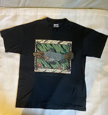$29 • Buy Vintage 1991 Koi Fish Charleston SC  T-Shirt Large Black 90s Single-Stitch Tee
