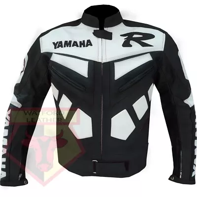 Yamaha R Black Motorbike Removable Armoured Cowhide Leather Biker Jacket • £149.99