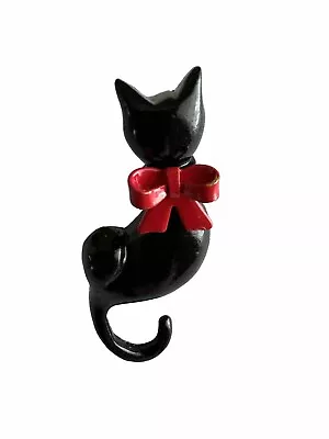 Black Cat Red Bow Brooch Pin Vtg • $12.99