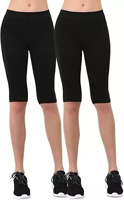 MOPAS Women's Ribbed Waistband Knee Length Plain Leggings (Pack Of 2) (Black) • $13