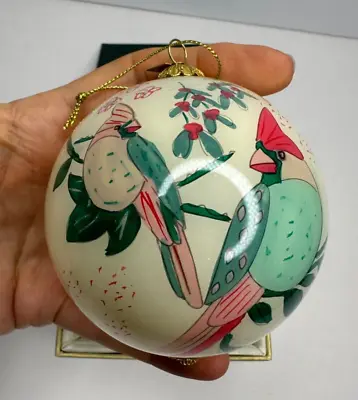 Pier 1 Christmas Ornament Birds Mistletoe Glass Ball Li Bein Hand Painted 2019 • $18.29