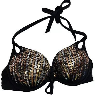 Victorias Secret Sequin Bra Gorgeous Plunge Black Gold Lingerie Padded 32 C • $15.20