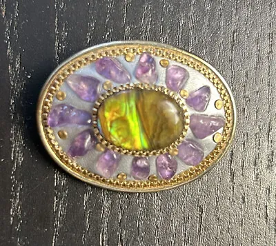 Vintage Signed Michal Golan Brooch Pin Pendant Oval Abalone And Amethyst 2” • $29.62