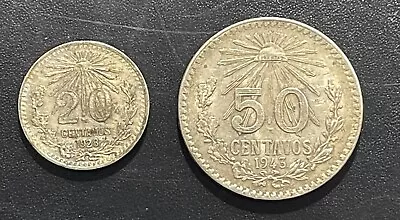 Mexico 1928 20 Centavos And 1943 50 Centavos Silver Coins: Lot Of 2 • $9.95