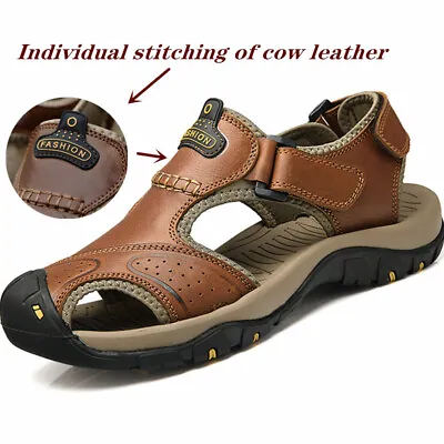 Mens Leather Flats Sandles Outdoor Summer Sandals Beach Water Shoes Size New UK • £35.27