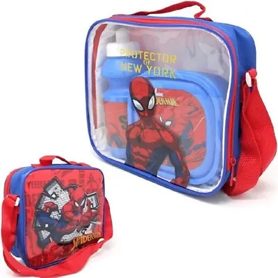 Marvel Spiderman Kids Character 3pcs Thermal Lunch Bag Sandwich Box & Bottle Set • £8.95