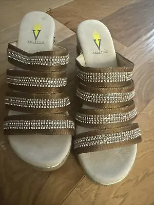 Volatile Slip-on Wedge Sandals Size 10 Gold With Rhinestones And Pearls • $26