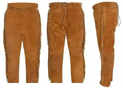 New  Men Western Wear Native American Cowboy Suede Leather Pants With Fringe • $124.99