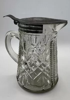 Antique EAPG Syrup Pitcher~Ribbed With Diamond Pattern~~Hinged  Metal Lid~EUC • $15