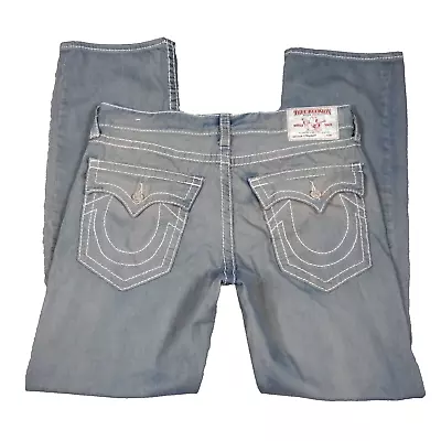 True Religion Straight Flap Natline Big T Jeans Mens 36 Grey Blue Embroidered • $48