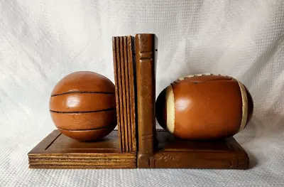 Vintage Solid Wooden Football Basket Ball Book Ends Made In Thailand H 7  L 6  • $36