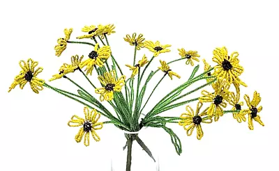 Vintage French Glass Seed Beaded Daisy Flowers Yellow Bouquet Stems Handmade • $53.95