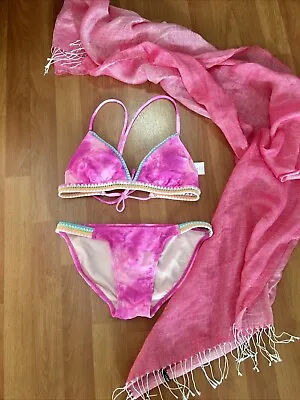 Xhilaration Bikini Swimsuit Set Sz M Lace Up Crochet Pink J Crew Sarong • $18.95
