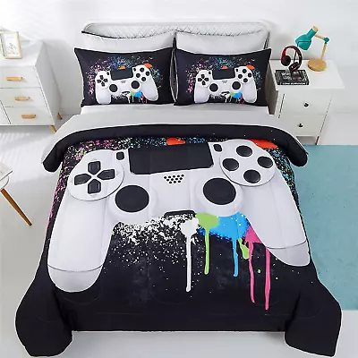 5 Piece Boys Queen Gamer Comforter Set With Sheets 3D Colorful Video Game Contr • $73.99