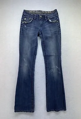 Mek Denim Womens Size 25 Dark Wash Low Rise Distressed Beijing Bootcut Jeans • $29.95