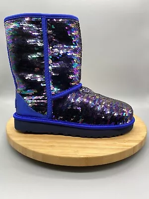 UGG Boots Womens Size 7 Blue Leather Shearling Pull On Sequin Wool Lined 1094982 • $127.20