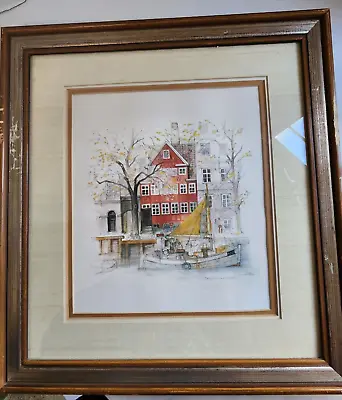 Vintage Mads Stage Art Print Neighborhood Scene Matted Framed Signed Danish • $25