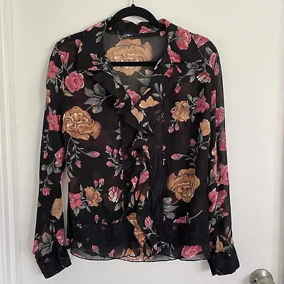 Ladies Vintage Long Sleeve Button Up Blouse Black Floral Size 10 2000’s 90’s Y2K • $2.50