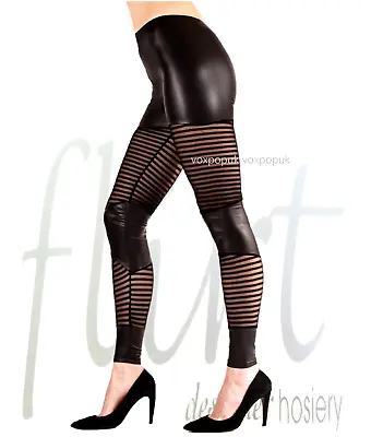 PU DESIGNER LEGGINGS With Mesh Stripe Panels By Flirt London Black UK Size S/M • £7.99