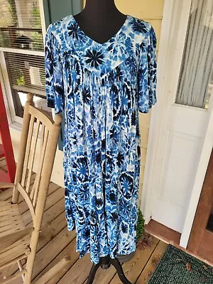 Womens Go Softly Size Med Blue Patio House Dress Mumu Tye Dye Starburst Pockets • $19.99