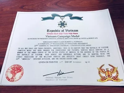 REPUBLIC OF VIETNAM CAMPAIGN MEDAL CERTIFICATE ~ With FREE PRINTING • $10.36