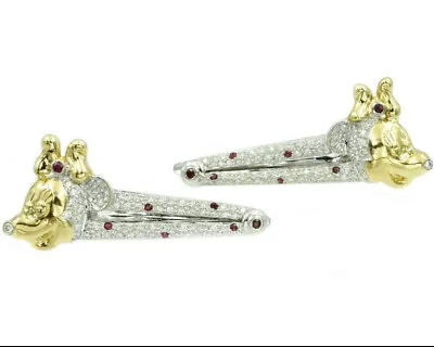 SeeVIDEO Estate 1ct Diamond & 0.50ct Ruby Minnie Mouse Hair Clips Solid 18k Gold • $4450