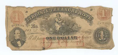 1862 $1 One Dollar Virginia Treasury Note • $15