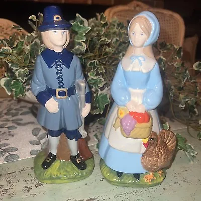 Thanksgiving Pilgrim Figurines Vintage 1985 Hand Painted Autumn Decor Blue • $16.99