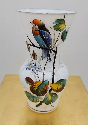 Vintage White Bristol Glass Vase Colorful Hand Painted Bird & Foliage 6⅜ H • $24