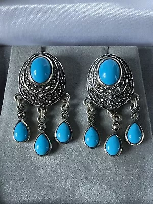 Turkish Turquoise And Marcasite Sterling Silver Dangly Earrings • £32