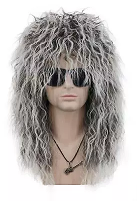 Adult Men Women Long Curly Gray Gradient White Wig 70s 80s Rocker Mullet Hall... • $30.52