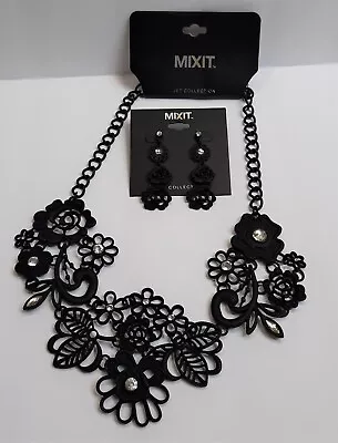 Mixit JT1114 LaceCaviar Black & Rhinestone Necklace & Pierced Earrings Set  New  • $24