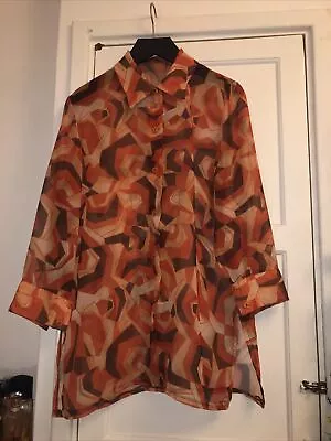 VINTAGE 70s Blouse  Psychedelic Orange Funky Long Sleeve Dagger Collar Size 12 • £22