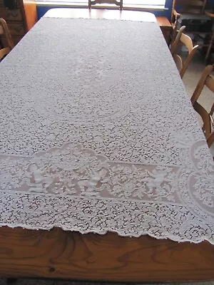White Quaker Lace Vtg Tablecloth Loop Hem Cherub Angel Victorian 82 X68  No Tag • $24.99