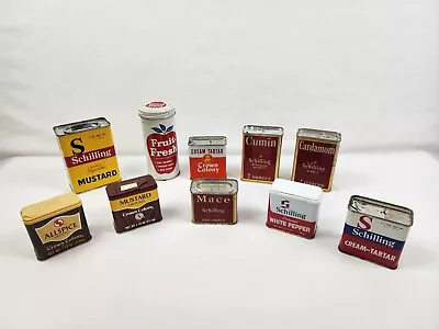 VINTAGE Lot Of 10 Spice Tins Schilling Safeway Crown Colony And Fruit Fresh • $20.99