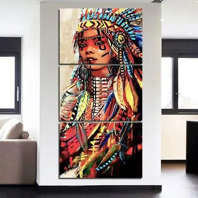 Native American Indian Warrior Girl Framed 3 Piece Canvas Wall Art Print Photo D • $89