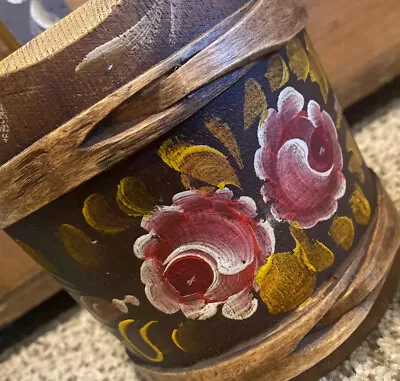 Vintage Primitive Rustic Hand Painted Wood Stave Bucket Pail Floral • $32.95