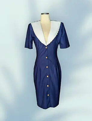 Vintage TJUNIORS Navy Blue Secretary Dress Button Up Lace Trim Women's Size 7/8  • $29.99