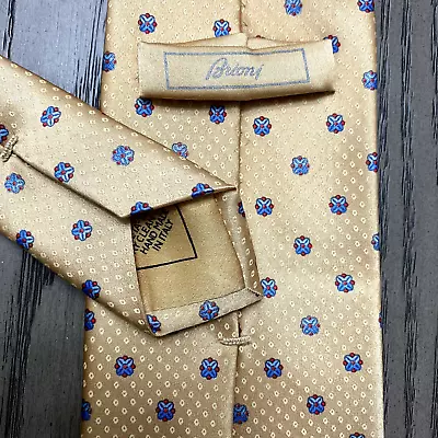 Brioni Mens Neck Tie Gold Blue Geometric Medallion Dots Handmade 100% Silk Italy • $88.98