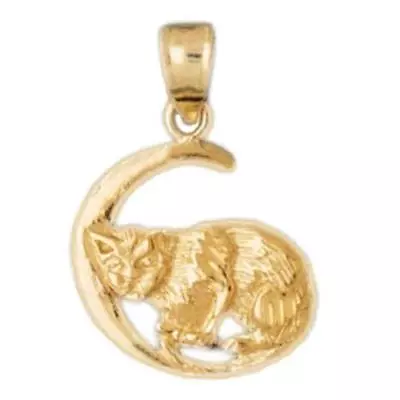 New 14k Gold Cat With Crescent Moon Pendant • $99