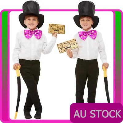 Kids Roald Dahl Willy Wonka Costume Kit World Book Week Boys Child Golden Ticket • $34.19