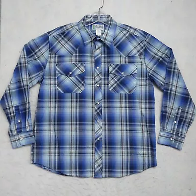 Haband Shirt Men's Large Blue Plaid Long Sleeve Front Pockets Collared Button Up • $17.99