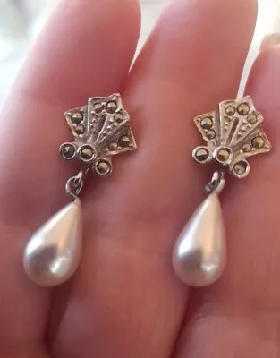 Beautiful Vintage Art Deco Teardrop Pearl And Marcasite Earrings • £18