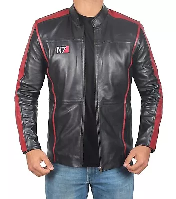 Men's Mass Efect 3 N7 Motorcycle Black Biker Real Leather Jacket • $49.99