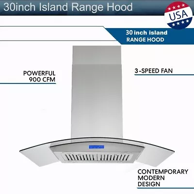 Island Mounted Range Hood 30 Inch Kitchen Cooker Hood 900 CFM Tempered Glass New • $285.99